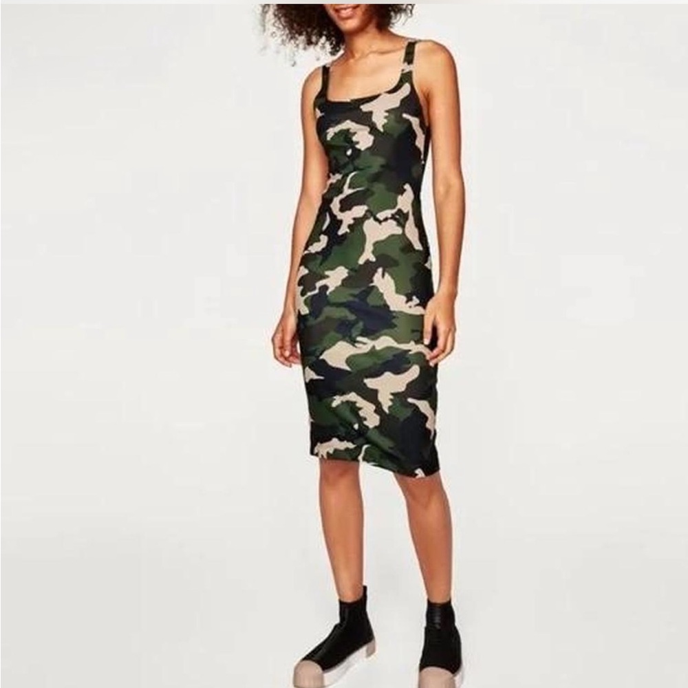 Zara Green Camouflage Midi Dress